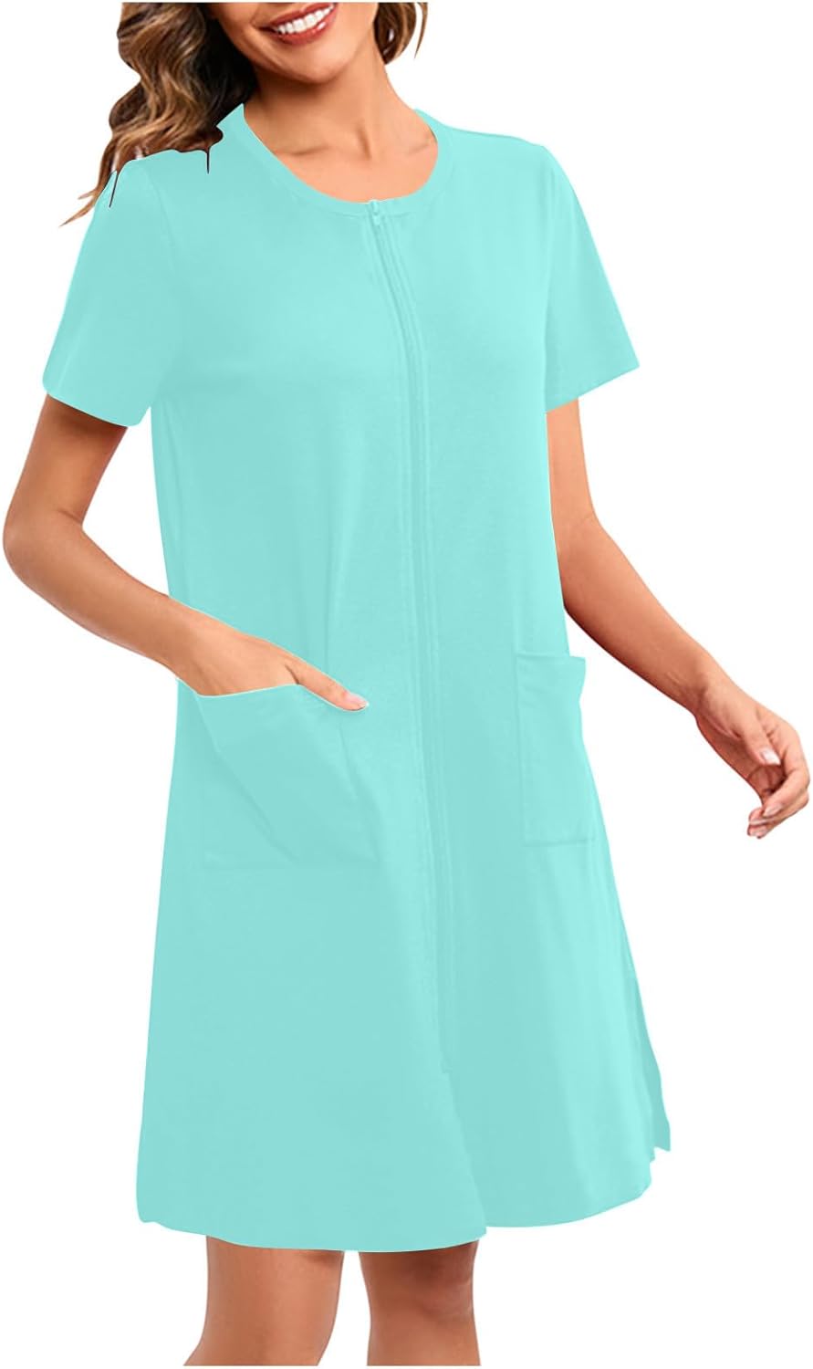 Women's Zipper Robes with Pocket Short Sleeve Crew Neck Gowns Lightweight Soft Stretch Gown Zip Up Sleepwear