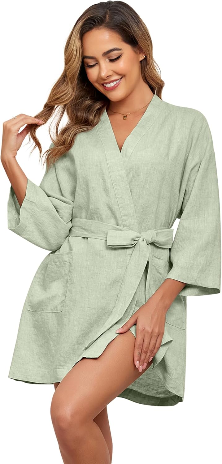 Women's Linen Kimono Robes Soft Lightweight Short Bathrobe Sleepwear Pajamas Nightgowns Loungewear with Pockets Women's Linen Kimono Robes Soft Lightweight Short Bathrobe Sleepwear Pajamas Nightgowns Loungewear with Pockets