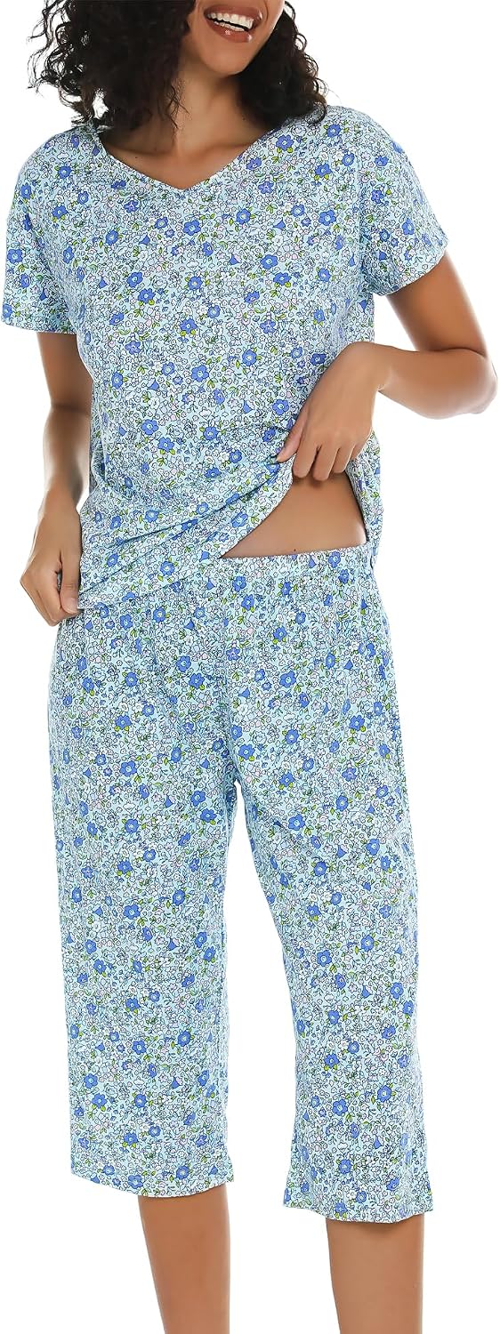 Women's Pajama Sets Cotton Pj Set Short Sleeve Top With Capri Pants Sleepwear 2 Piece Lounge