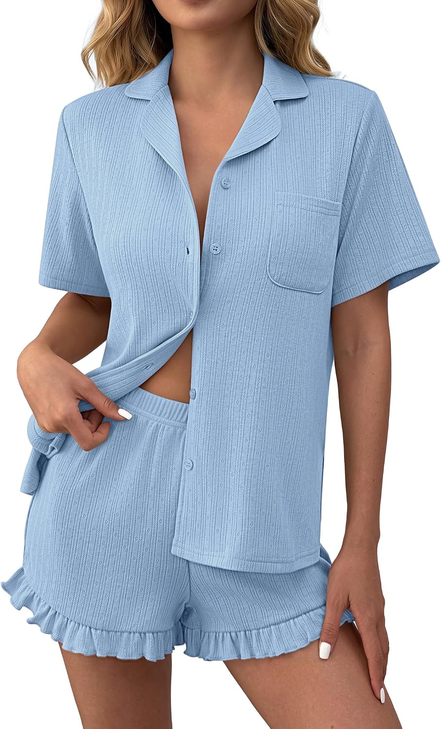 Women's Pajamas Sets Button Down Pjs Cute Short Sleeve Sleepwear Pointelle Fabric Pyjama,Ruffle Edges Shorts...