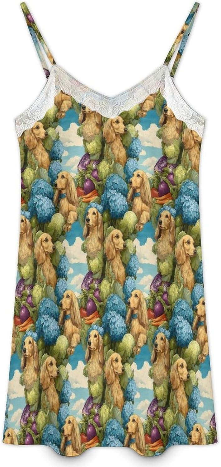 Women's Countryside Golden Retriever Print Nightgowns Sleeveless Sleepwear Spaghetti Strap Sleep Dress