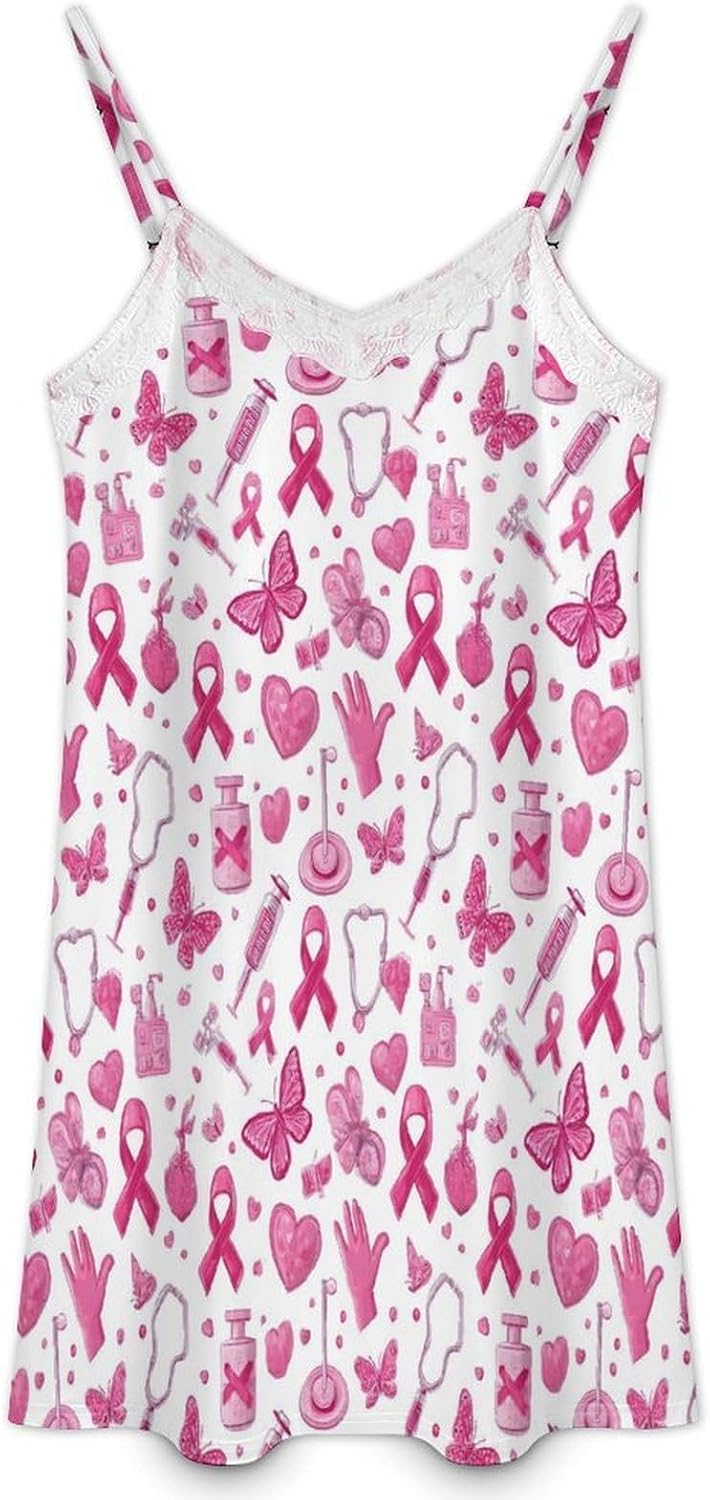 Women's Ribbon Medical Care Print Spaghetti Strap Sleep Dress