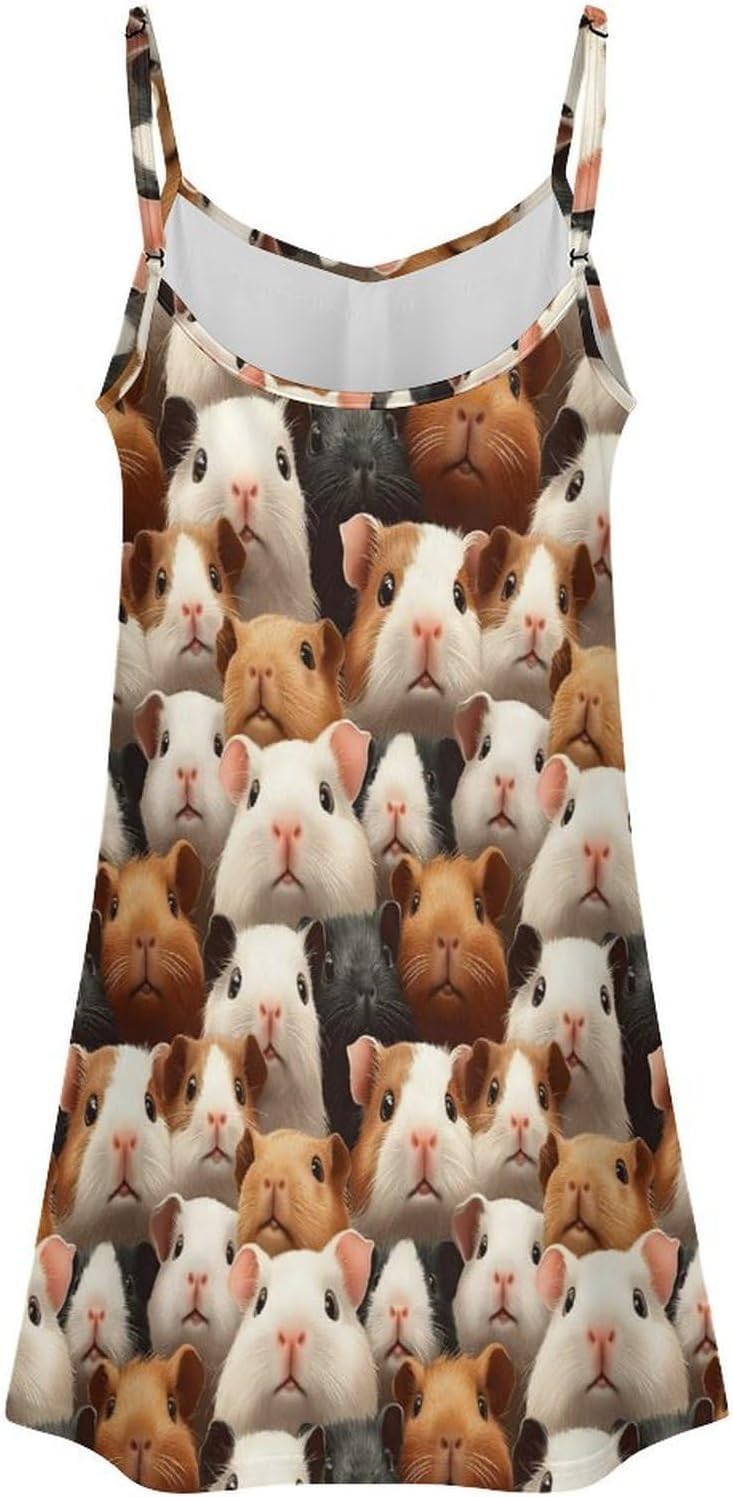 Women's Cute Guinea Pig Face Print Nightgowns Sleeveless Sleepwear Spaghetti Strap Sleep Dress