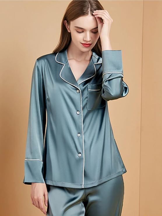 Women's Long Sleeve Silk Satin Pajama Set, Classic Button Down V-Neck Top with Pants, Breathable Sleepwear for Lounging