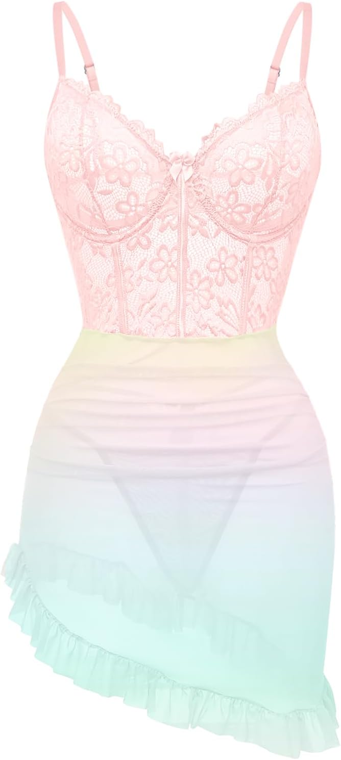Women's Sexy Corset Bodycon Ruffle Sheer Underwire Outfits Babydoll Lingerie Set Dress with Thong 2 Piece