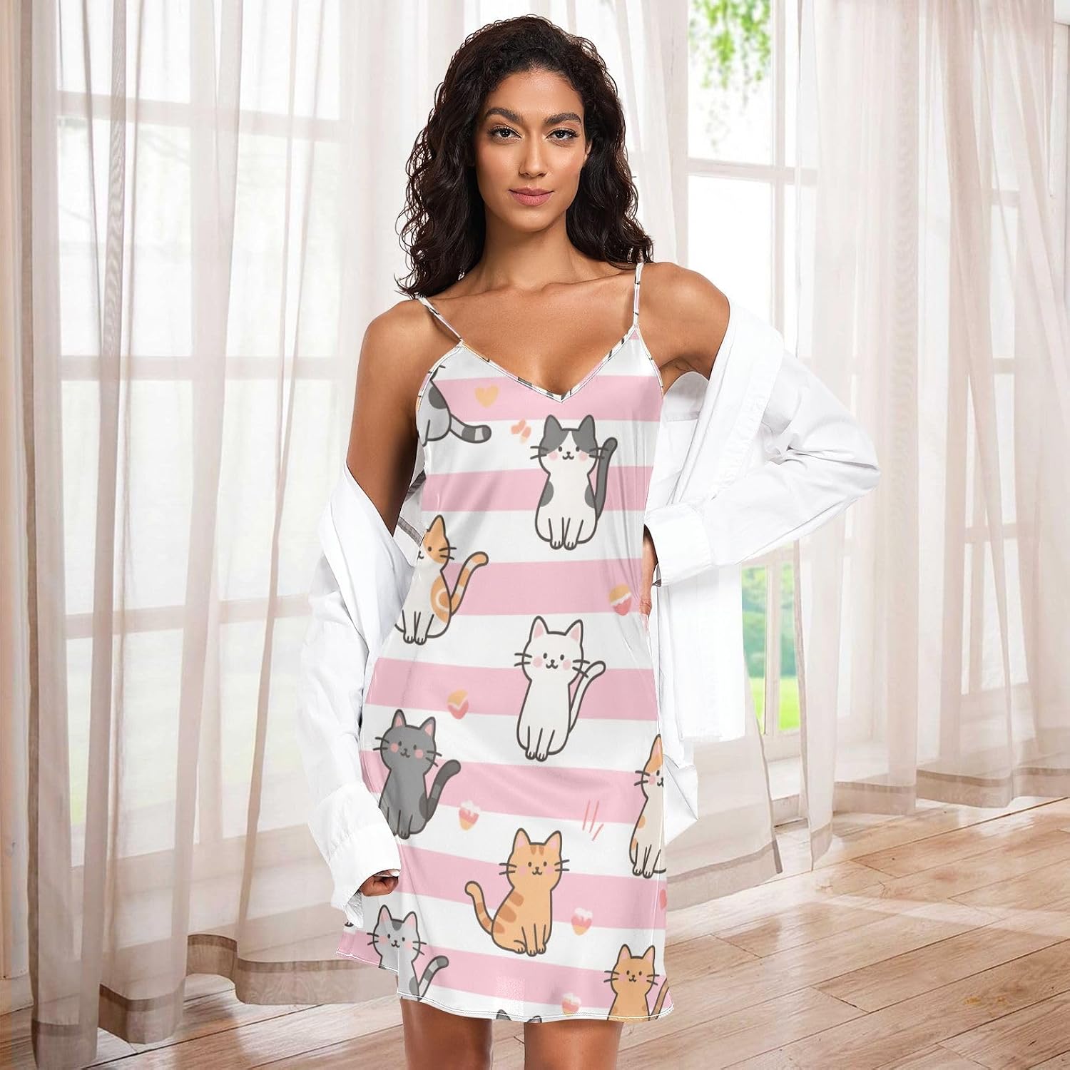 Women's Night Dress Sexy V Neck Chemises Nightgown Sleeveless Stripe Cartoon Cat Ladies Women's Night Dress Sexy V Neck Chemises Nightgown Sleeveless Stripe Cartoon Cat Ladies
