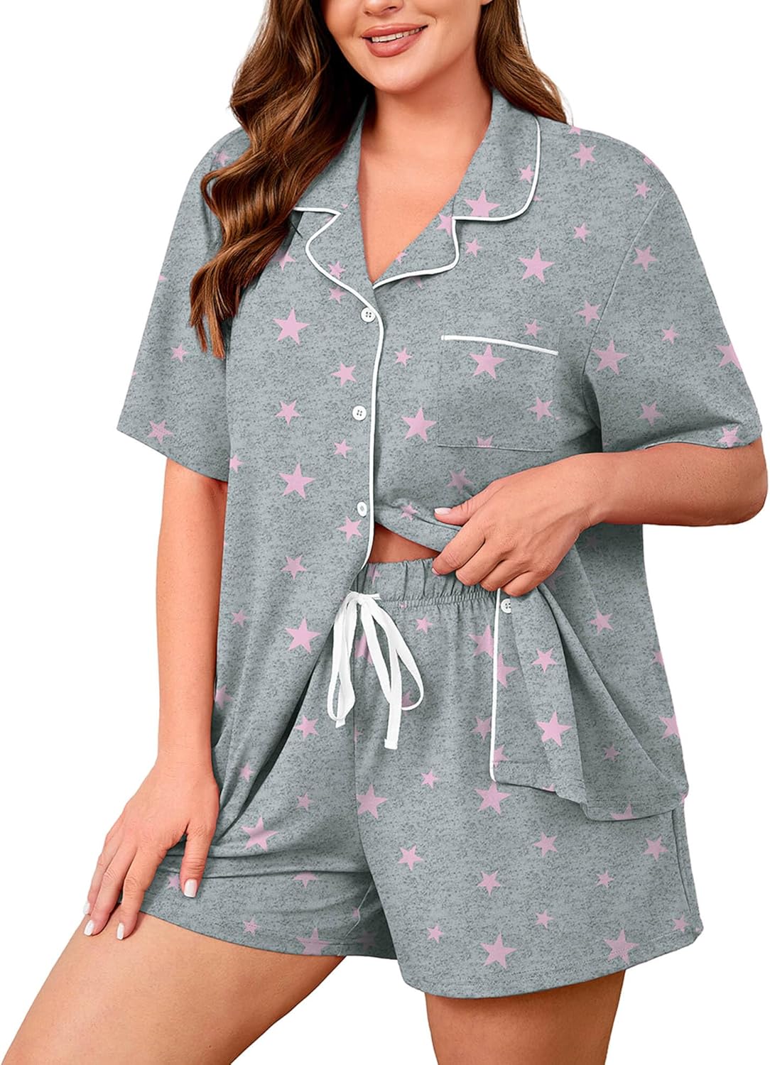 Women's Set Short Sleeve Button Down Sleepwear with Pockets Notch Collar Drawstring Shorts
