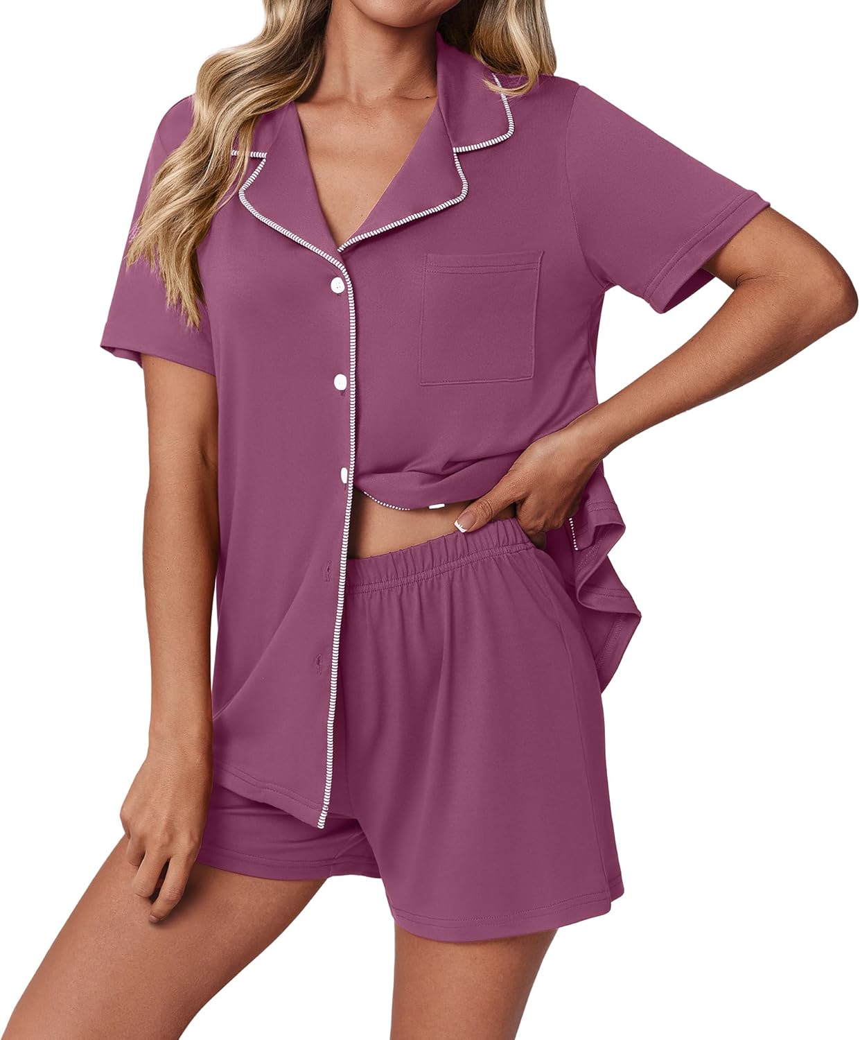 Women's Set 2 Piece Pjs Short Sleeve Sleepwear Button Down Lounge Shorts Sets