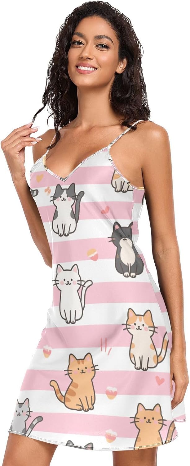 Women's Night Dress Sexy V Neck Chemises Nightgown Sleeveless Stripe Cartoon Cat Ladies