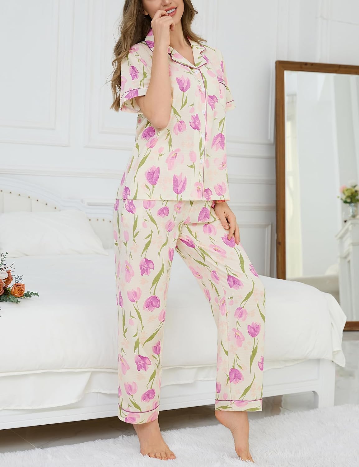 Women's 2 Piece Pajama Sets Shorts Sleeve Pajamas Cute Pj Set Lounge Matching Pjs Button Shirt with Long Pants Women's 2 Piece Pajama Sets Shorts Sleeve Pajamas Cute Pj Set Lounge Matching Pjs Button Shirt with Long Pants
