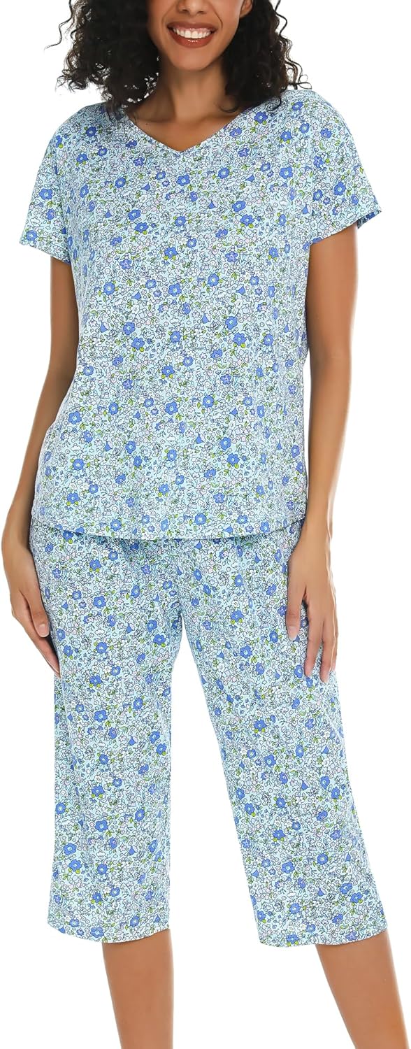 Women's Pajama Sets Cotton Pj Set Short Sleeve Top With Capri Pants Sleepwear 2 Piece Lounge