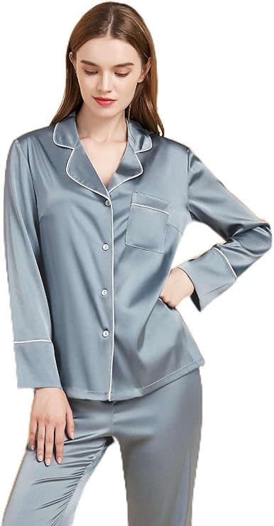 Women's Long Sleeve Silk Satin Pajama Set, Classic Button Down V-Neck Top with Pants, Breathable Sleepwear for Lounging