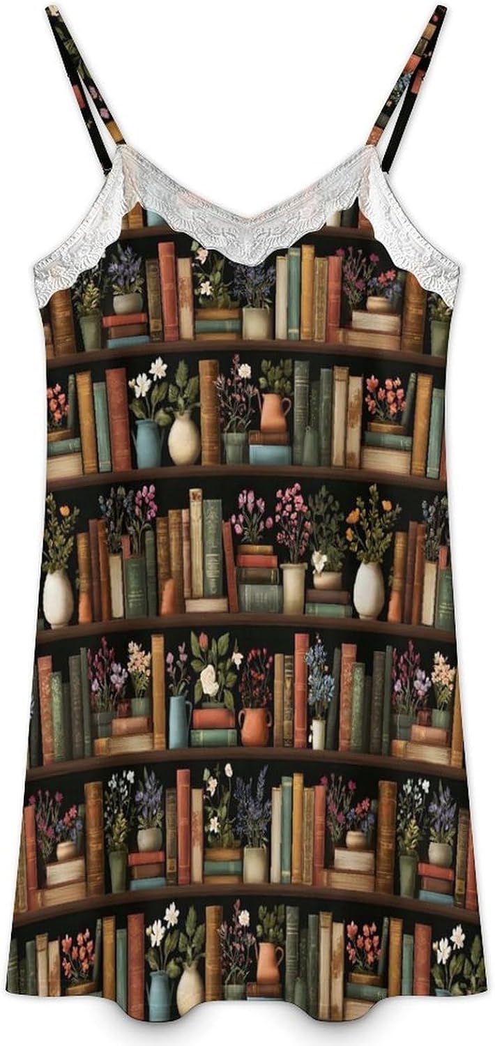 Women's Elegant Bookshelf Flowers B Print Nightgowns Sleeveless Sleepwear Spaghetti Strap Sleep Dress