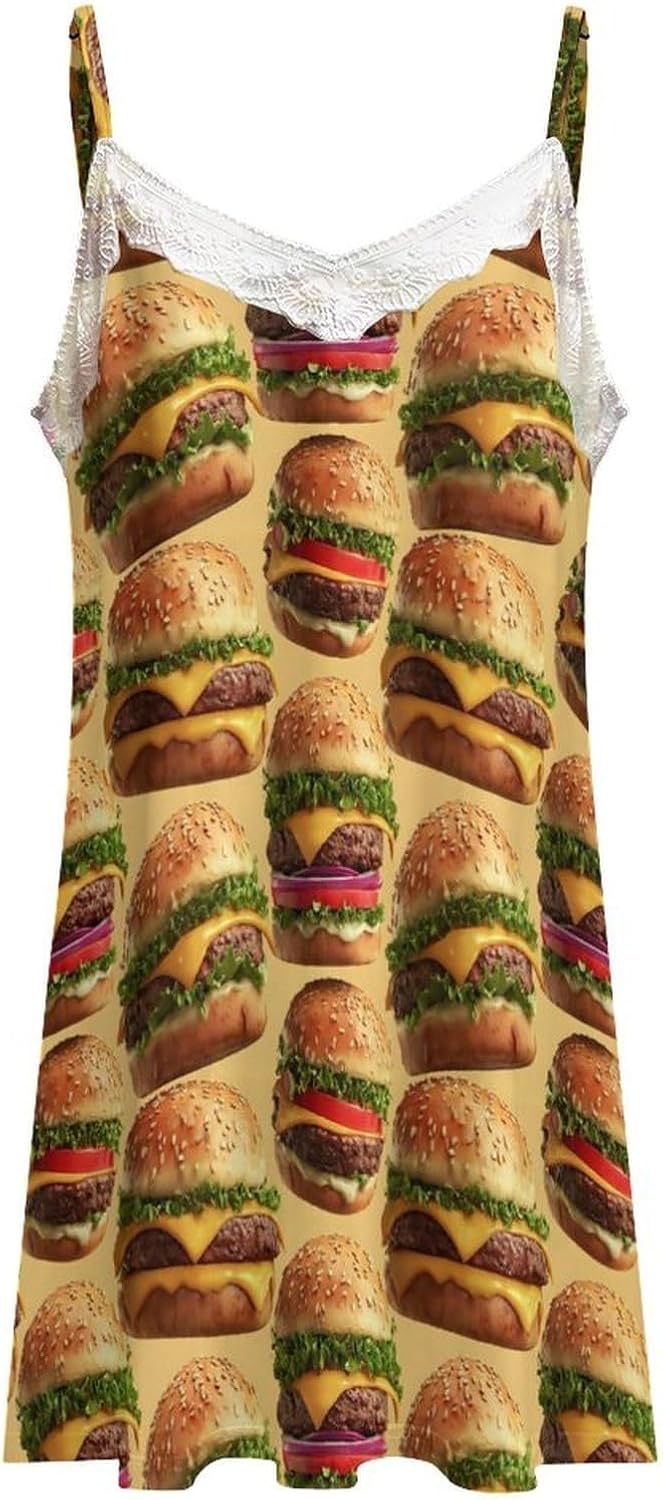 Women's Layered Cheeseburgers Print Nightgowns Sleeveless Sleepwear Spaghetti Strap Sleep Dress