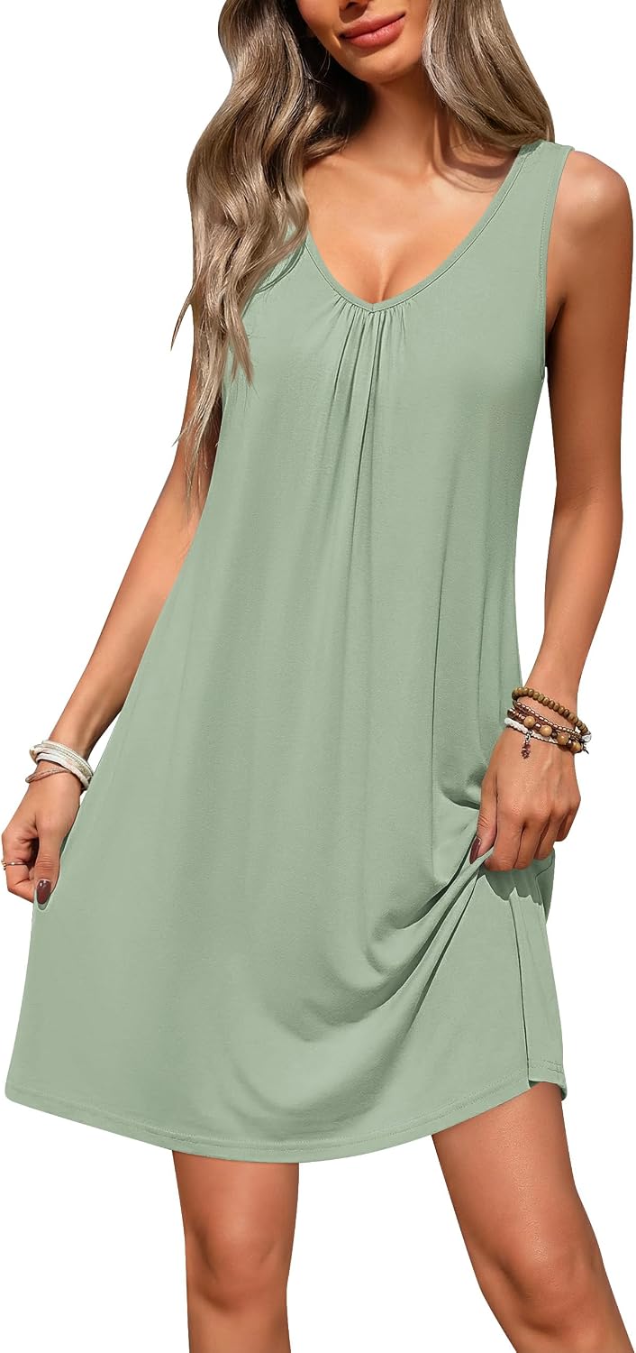 Women's Bamboo Viscose Night Gown Sleeveless Sleep Shirts Tank Dress V-neck Sleepwear