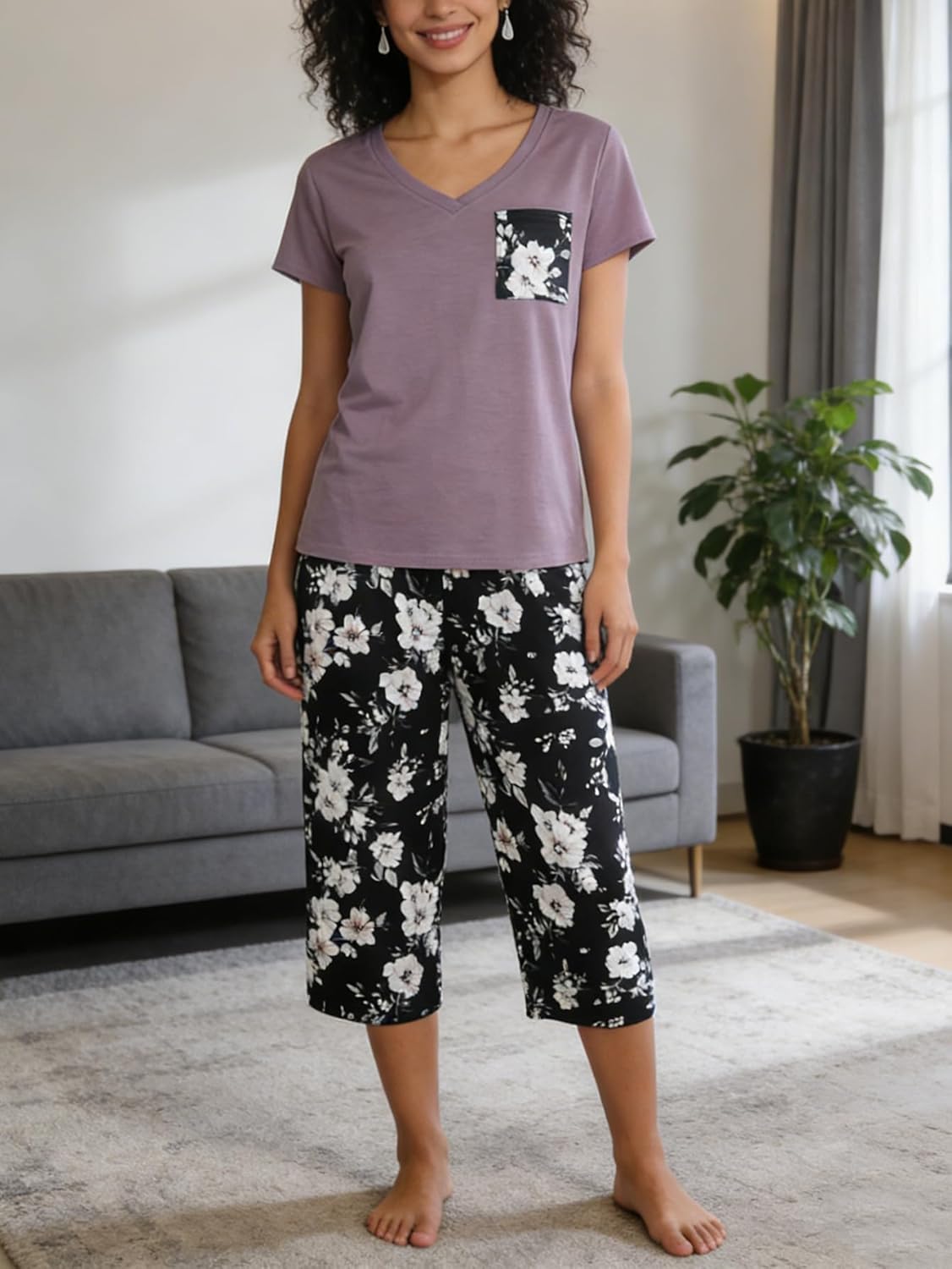 Women's Pajama Set V Neck Short Sleeve Top with Capri Sleepwear Soft 2 Piece Print Pjs Lounge Sets Loungewear