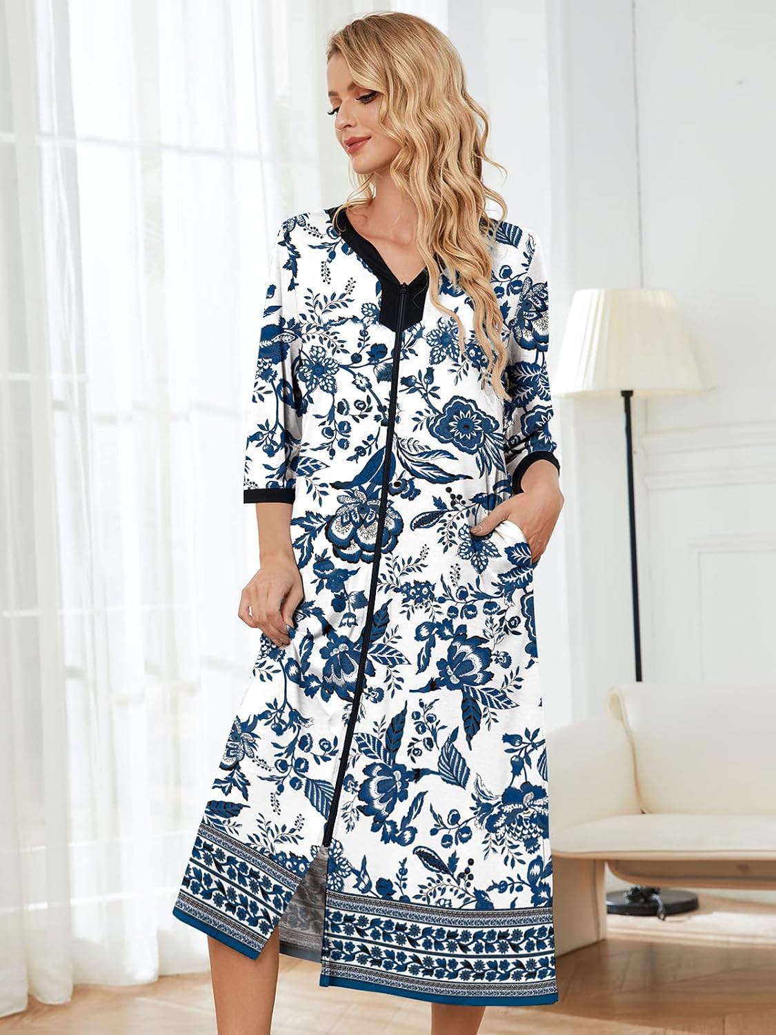 Women's Moo Nightgown House Dress Zip up Robes Long Lounge House Coat Women