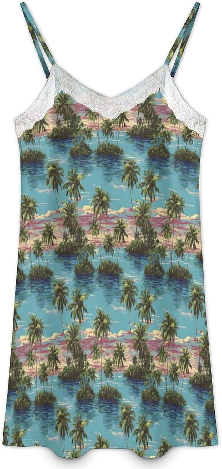 Women's Island Sunset Palm Print Nightgowns Sleeveless Sleepwear Spaghetti Strap Sleep Dress