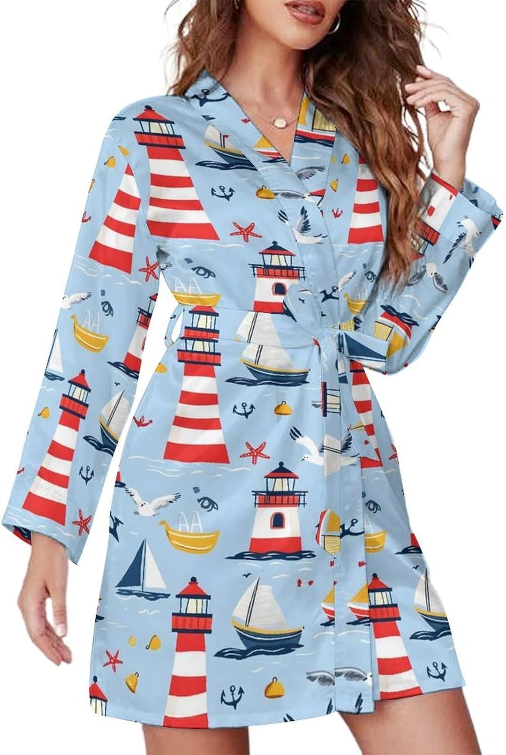 Women's Seagull Lighthouse Anchor Print Short Robes - Bathrobe Nightgown Sleepwear Loungewear Dressing Gown