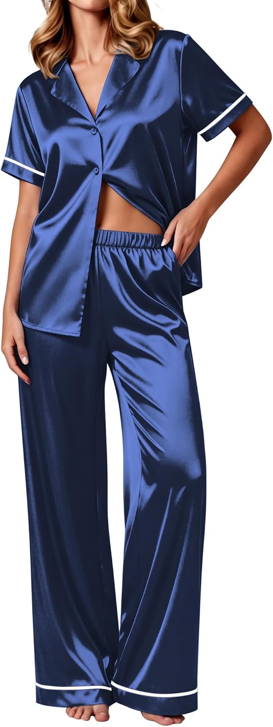 Women's Silk Pajamas Set Short Sleeve Satin Pjs 2 Piece Soft Loungewear with Pants Button Down Sleepwear
