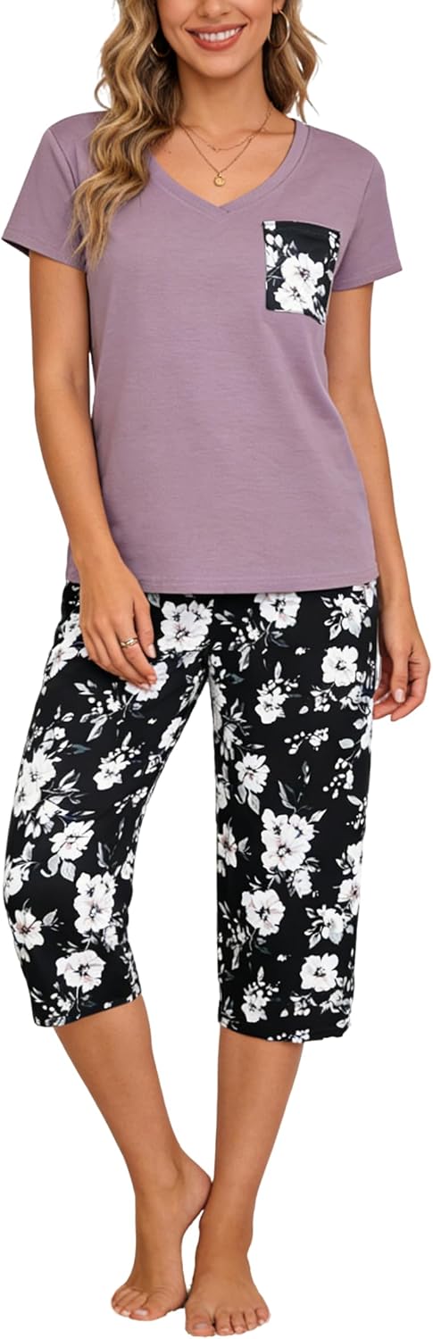Women's Pajama Set V Neck Short Sleeve Top with Capri Sleepwear Soft 2 Piece Print Pjs Lounge Sets Loungewear Women's Pajama Set V Neck Short Sleeve Top with Capri Sleepwear Soft 2 Piece Print Pjs Lounge Sets Loungewear