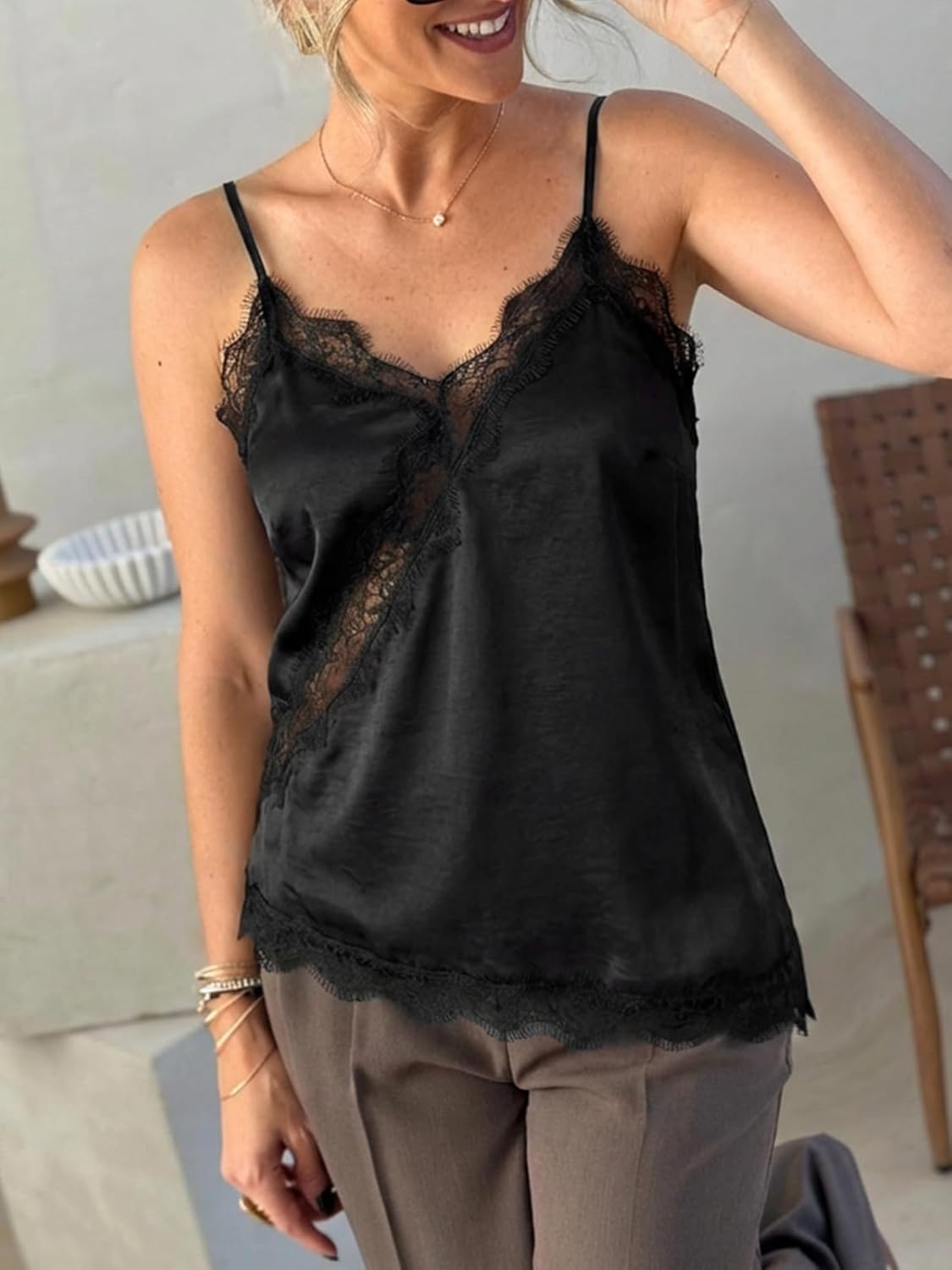 Women's Summer Satin Cami Tops Spaghetti Strap V Neck Cute Camisole Party Pajamas Asymmetrical Hem Tank Tops