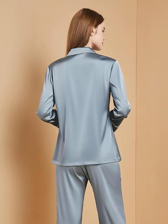 Women's Long Sleeve Silk Satin Pajama Set, Classic Button Down V-Neck Top with Pants, Breathable Sleepwear for Lounging