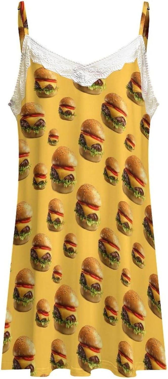 Women's Cheeseburgers Print Nightgowns Sleeveless Sleepwear Spaghetti Strap Sleep Dress Women's Cheeseburgers Print Nightgowns Sleeveless Sleepwear Spaghetti Strap Sleep Dress