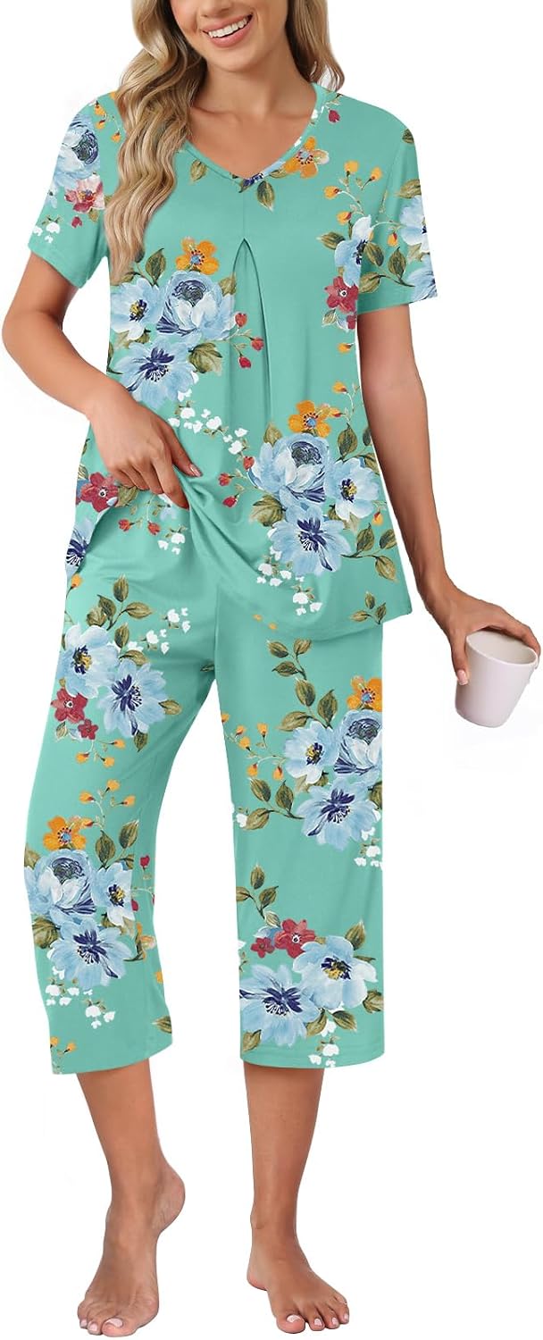 Women's Pajama Sets Summer Ladies Pjs 2 Piece Loungewear Capri Sleepwear with Pockets Women's Pajama Sets Summer Ladies Pjs 2 Piece Loungewear Capri Sleepwear with Pockets