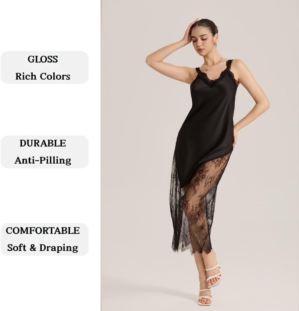Women's Satin Slip Nightgown Trim Asymmetric Long Sleepwear Sexy Chemise Loungewear, Gifts
