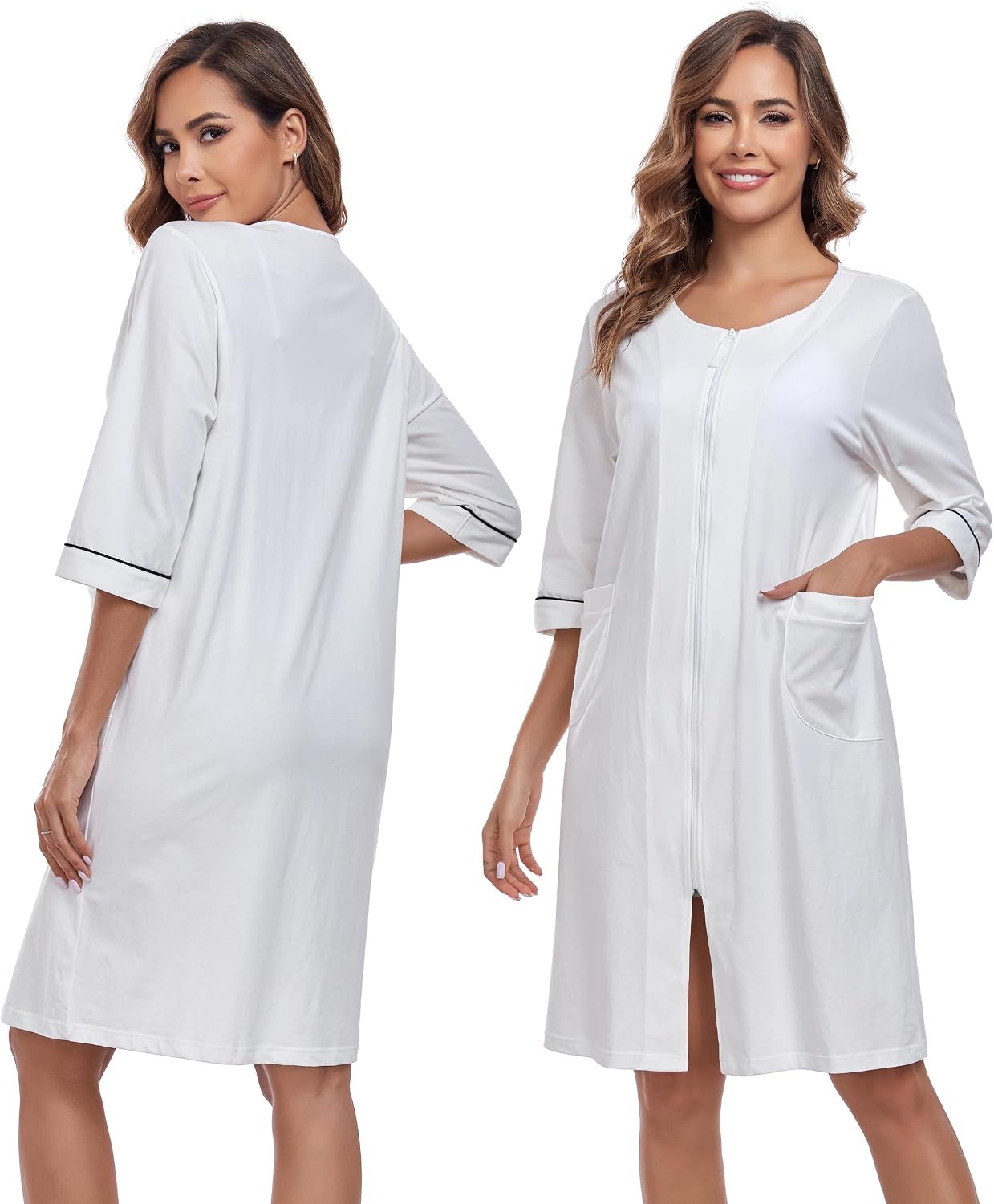 Women's Zipper Robe Cotton Housecoat Lightweight Knee Length Bathrobe 3 4 Sleeve Zip Front House Coat with Pocket Women's Zipper Robe Cotton Housecoat Lightweight Knee Length Bathrobe 3 4 Sleeve Zip Front House Coat with Pocket