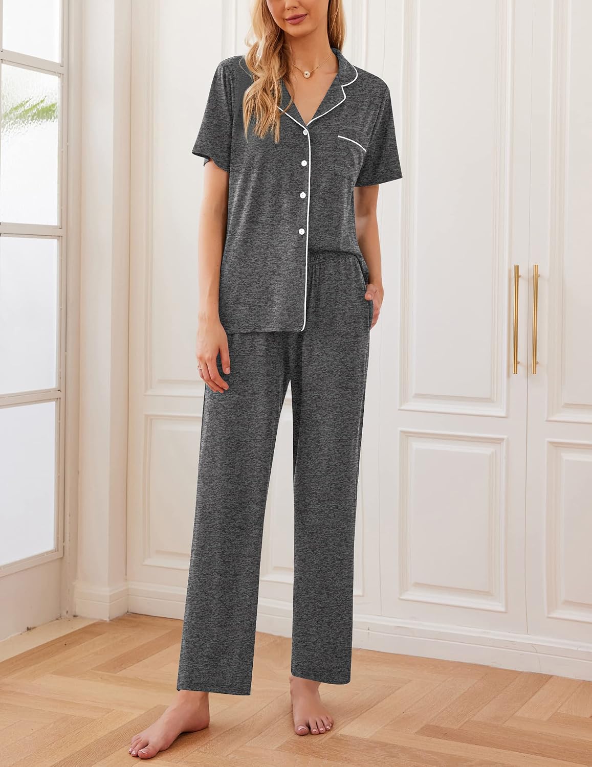 Women's Pajamas Set Button Down Sleepwear Short Sleeve Nightwear with Long Pants Soft Pjs