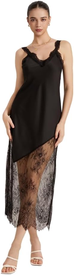 Women's Satin Slip Nightgown Trim Asymmetric Long Sleepwear Sexy Chemise Loungewear, Gifts