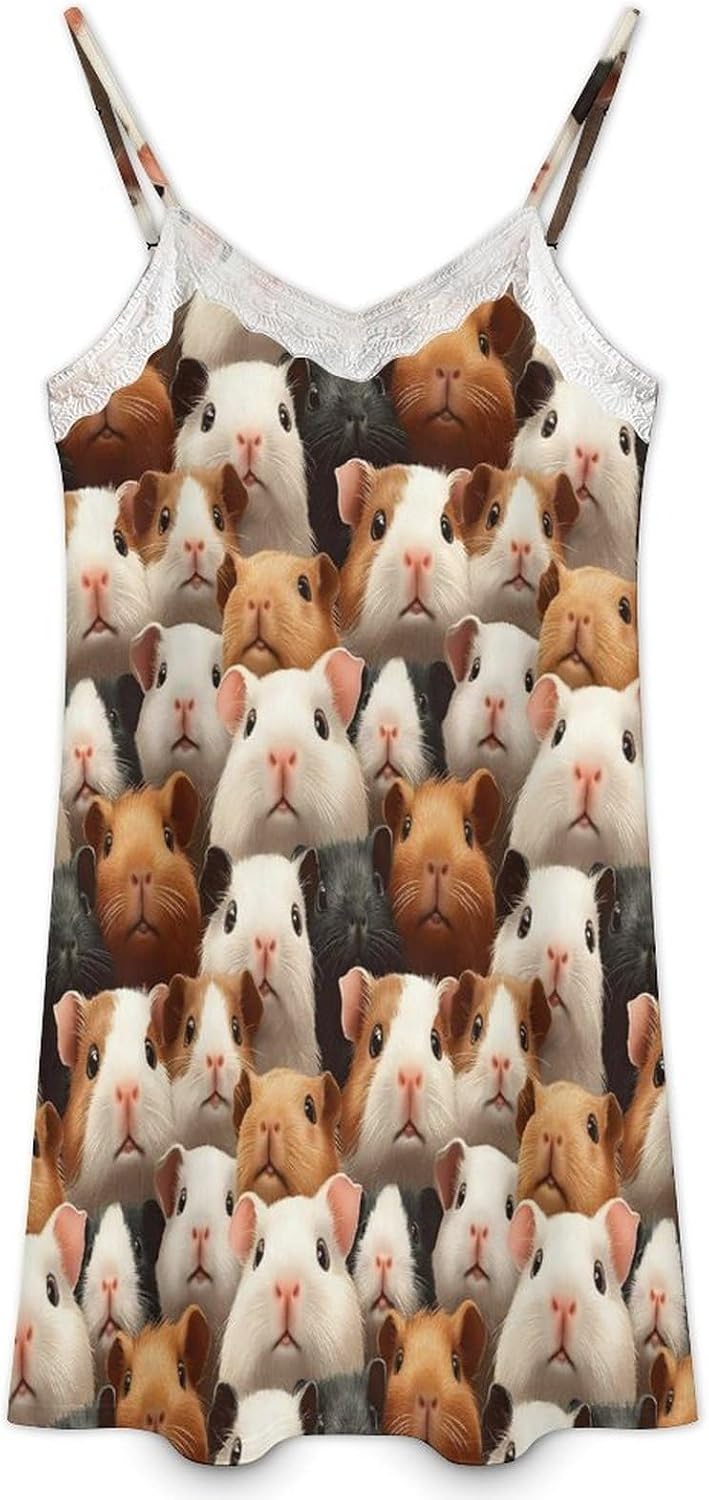 Women's Cute Guinea Pig Face Print Nightgowns Sleeveless Sleepwear Spaghetti Strap Sleep Dress