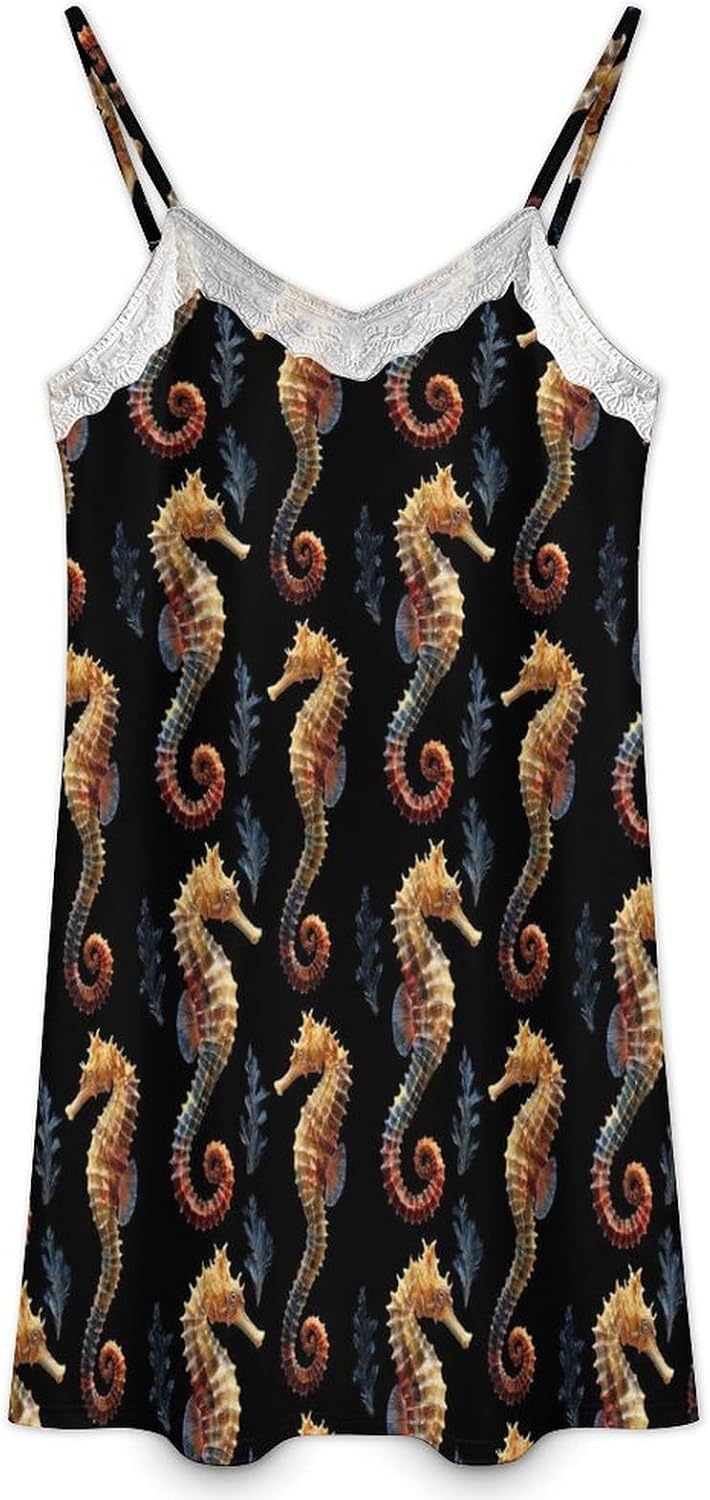 Women's Retro Seahorse Print Nightgowns Sleeveless Sleepwear Spaghetti Strap Sleep Dress