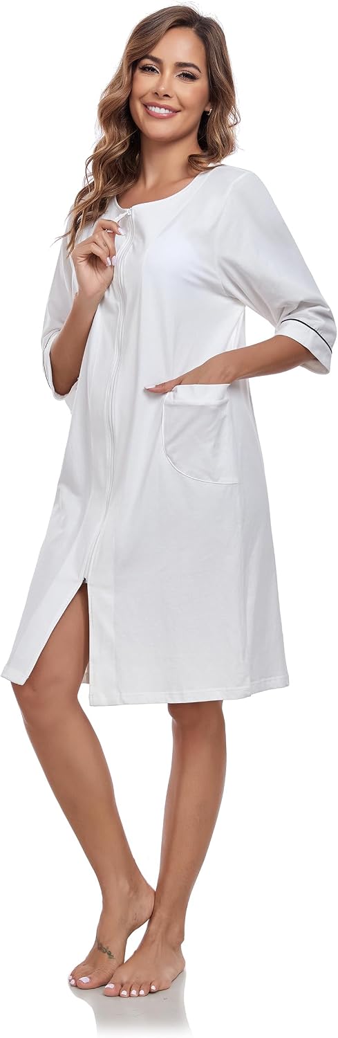Women's Zipper Robe Cotton Housecoat Lightweight Knee Length Bathrobe 3 4 Sleeve Zip Front House Coat with Pocket Women's Zipper Robe Cotton Housecoat Lightweight Knee Length Bathrobe 3 4 Sleeve Zip Front House Coat with Pocket
