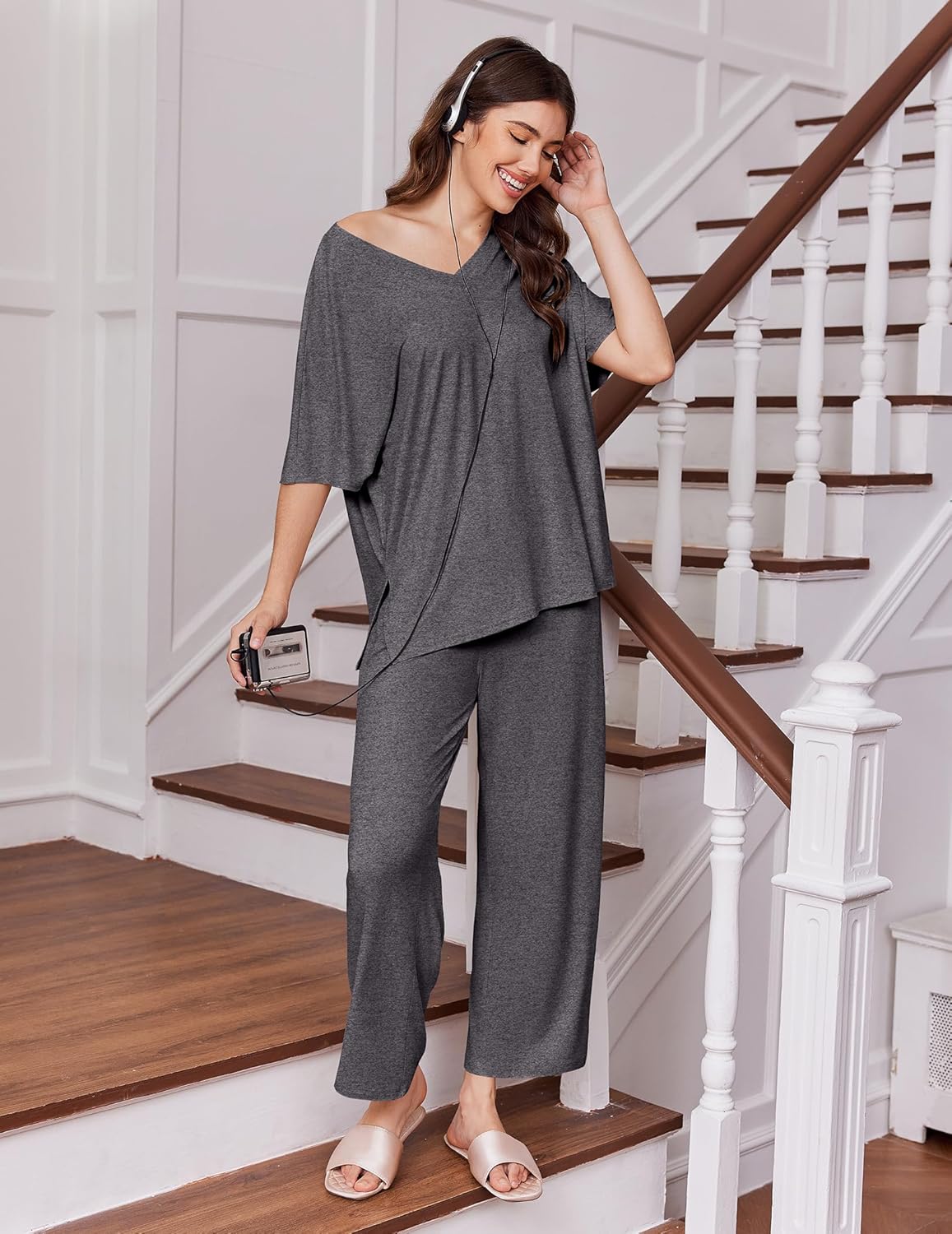Women's 2 Packs Lounge Sets Short Sleeve Pajamas Set V Neck Top and Long Pants Comfy Pjs Outifts with Pockets Women's 2 Packs Lounge Sets Short Sleeve Pajamas Set V Neck Top and Long Pants Comfy Pjs Outifts with Pockets