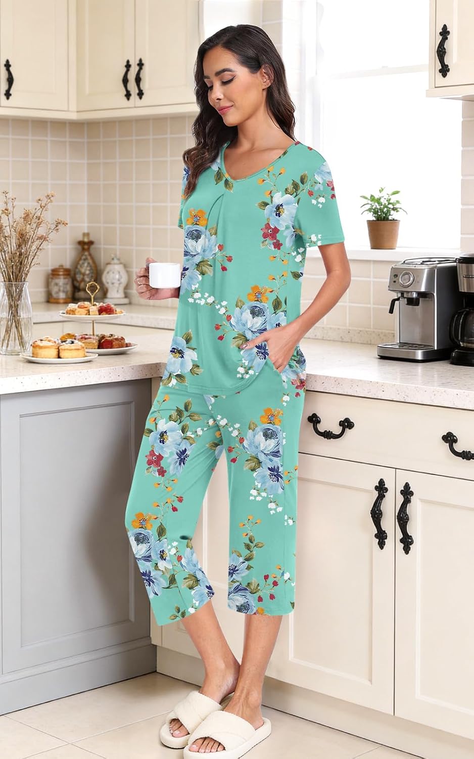 Women's Pajama Sets Summer Ladies Pjs 2 Piece Loungewear Capri Sleepwear with Pockets Women's Pajama Sets Summer Ladies Pjs 2 Piece Loungewear Capri Sleepwear with Pockets