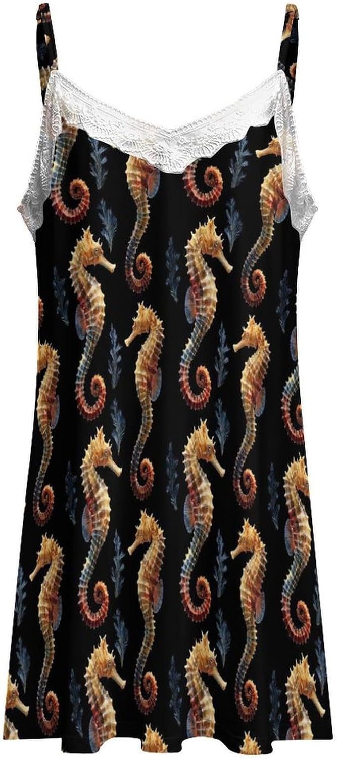 Women's Retro Seahorse Print Nightgowns Sleeveless Sleepwear Spaghetti Strap Sleep Dress