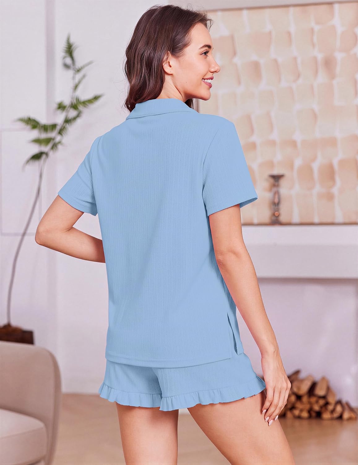 Women's Pajamas Sets Button Down Pjs Cute Short Sleeve Sleepwear Pointelle Fabric Pyjama,Ruffle Edges Shorts...