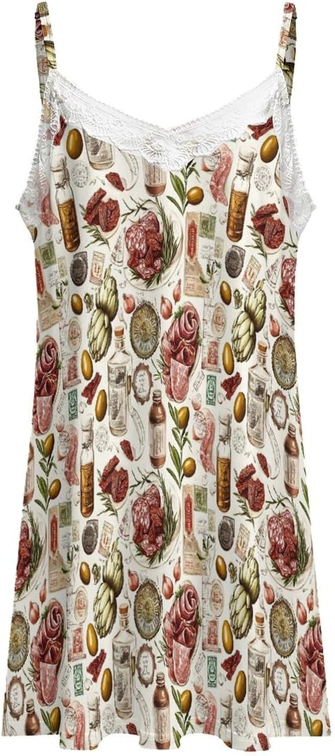 Women's Vintage Italian Food Print Nightgowns Sleeveless Sleepwear Spaghetti Strap Sleep Dress