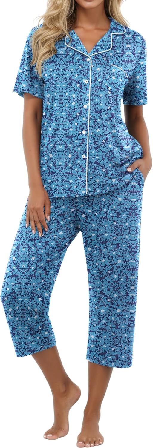 Women's Capri Pajamas Button Down Pjs Short Sleeve Comfy Lounge Set 2 Piece Pj Sets with Pockets