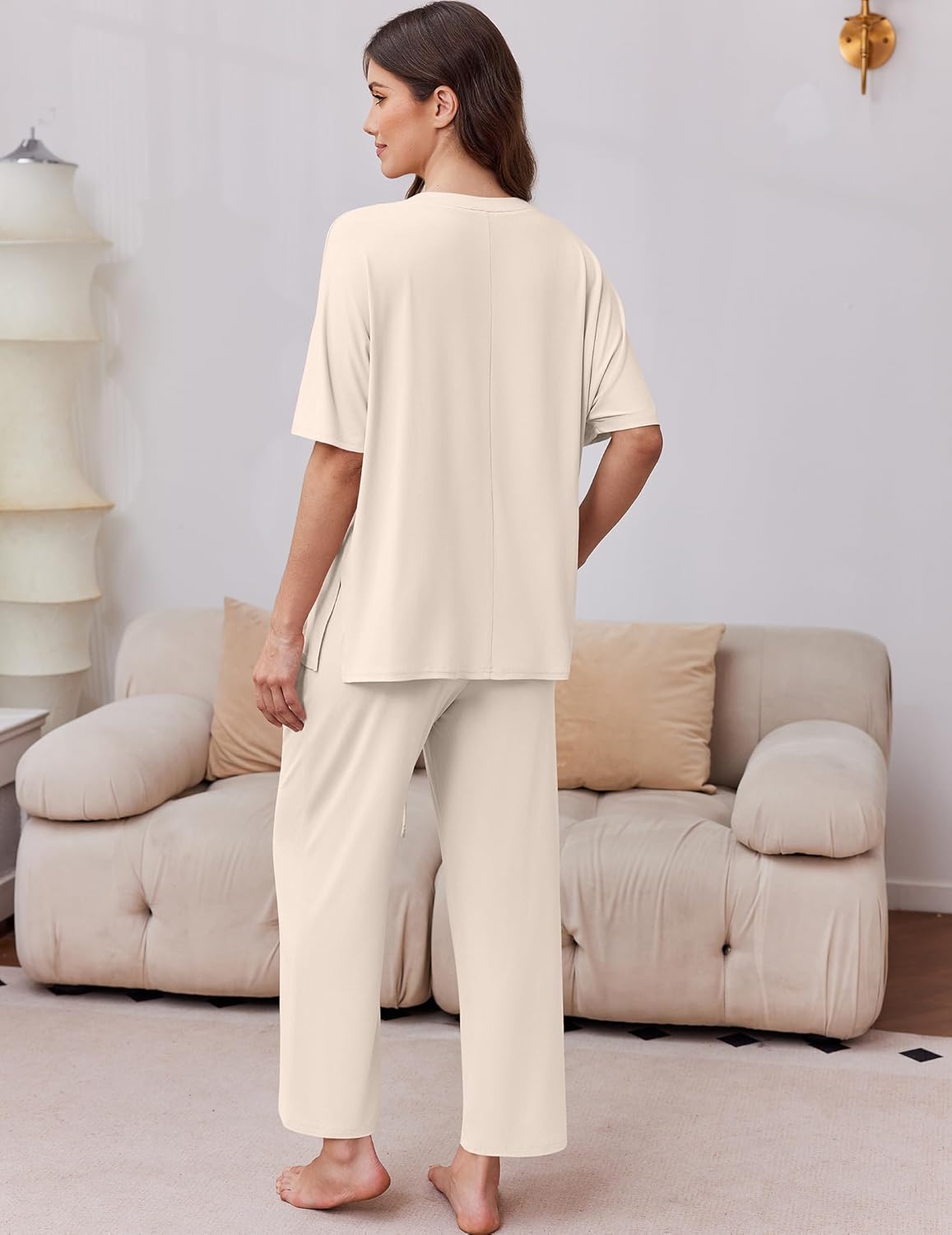 Women's 2 Packs Lounge Sets Short Sleeve Pajamas Set V Neck Top and Long Pants Comfy Pjs Outifts with Pockets Women's 2 Packs Lounge Sets Short Sleeve Pajamas Set V Neck Top and Long Pants Comfy Pjs Outifts with Pockets