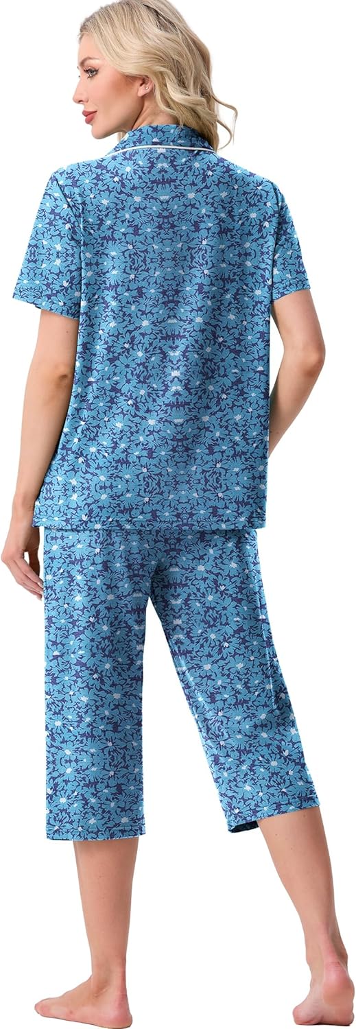 Women's Capri Pajamas Button Down Pjs Short Sleeve Comfy Lounge Set 2 Piece Pj Sets with Pockets