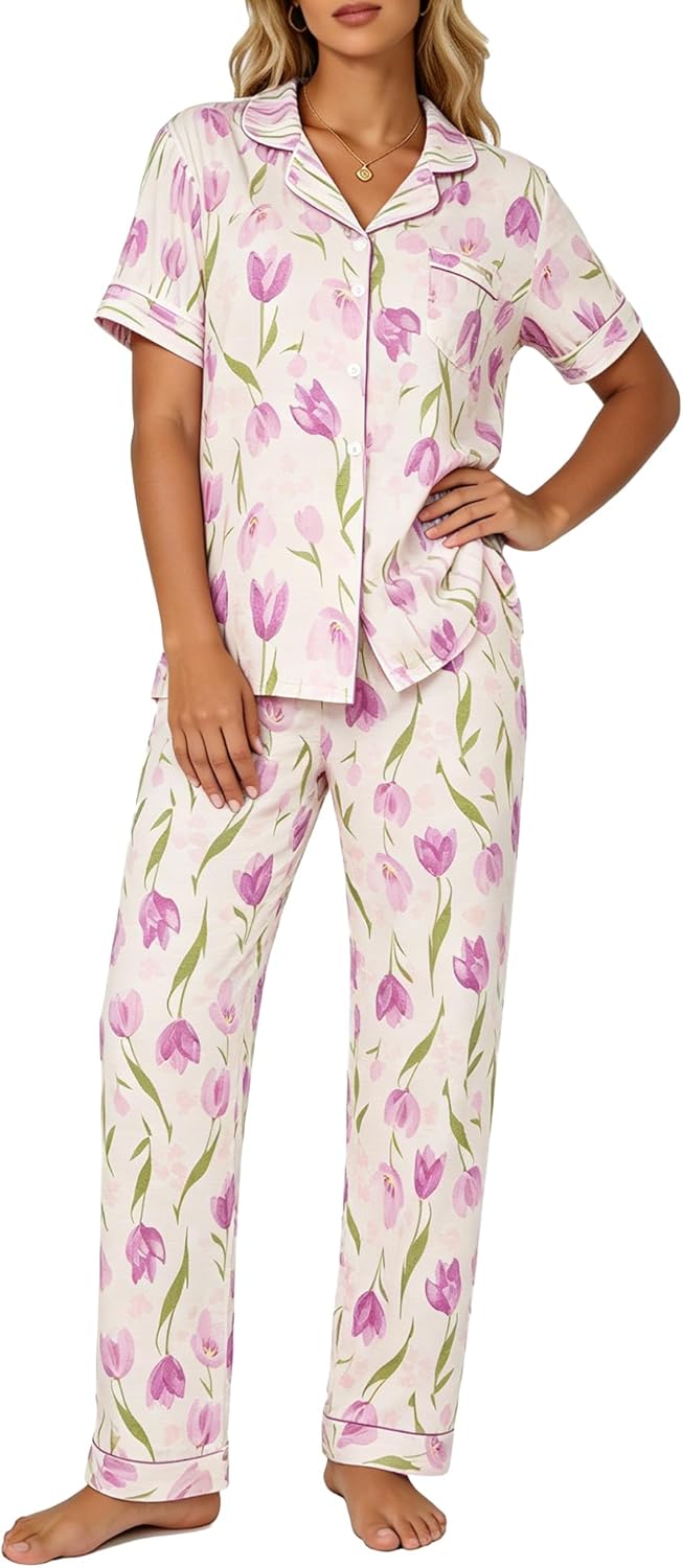 Women's 2 Piece Pajama Sets Shorts Sleeve Pajamas Cute Pj Set Lounge Matching Pjs Button Shirt with Long Pants