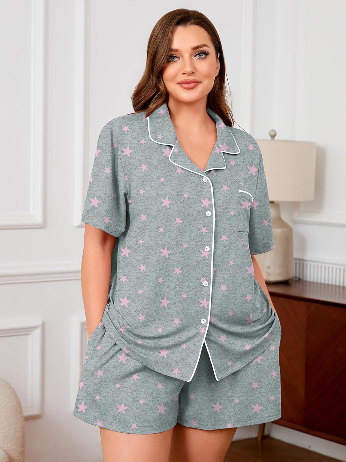 Women's Set Short Sleeve Button Down Sleepwear with Pockets Notch Collar Drawstring Shorts