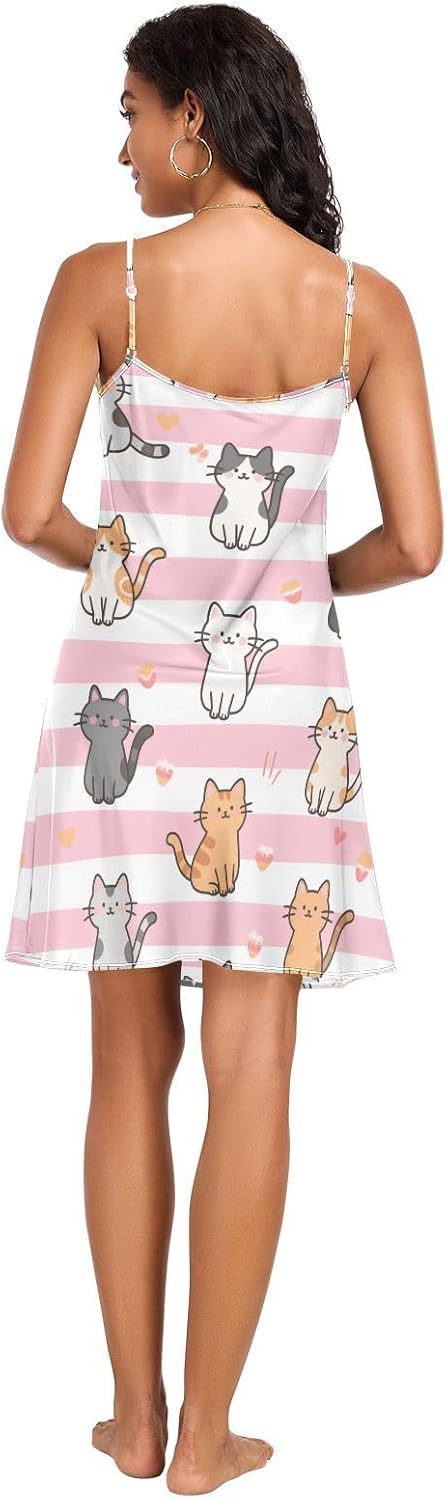 Women's Night Dress Sexy V Neck Chemises Nightgown Sleeveless Stripe Cartoon Cat Ladies Women's Night Dress Sexy V Neck Chemises Nightgown Sleeveless Stripe Cartoon Cat Ladies