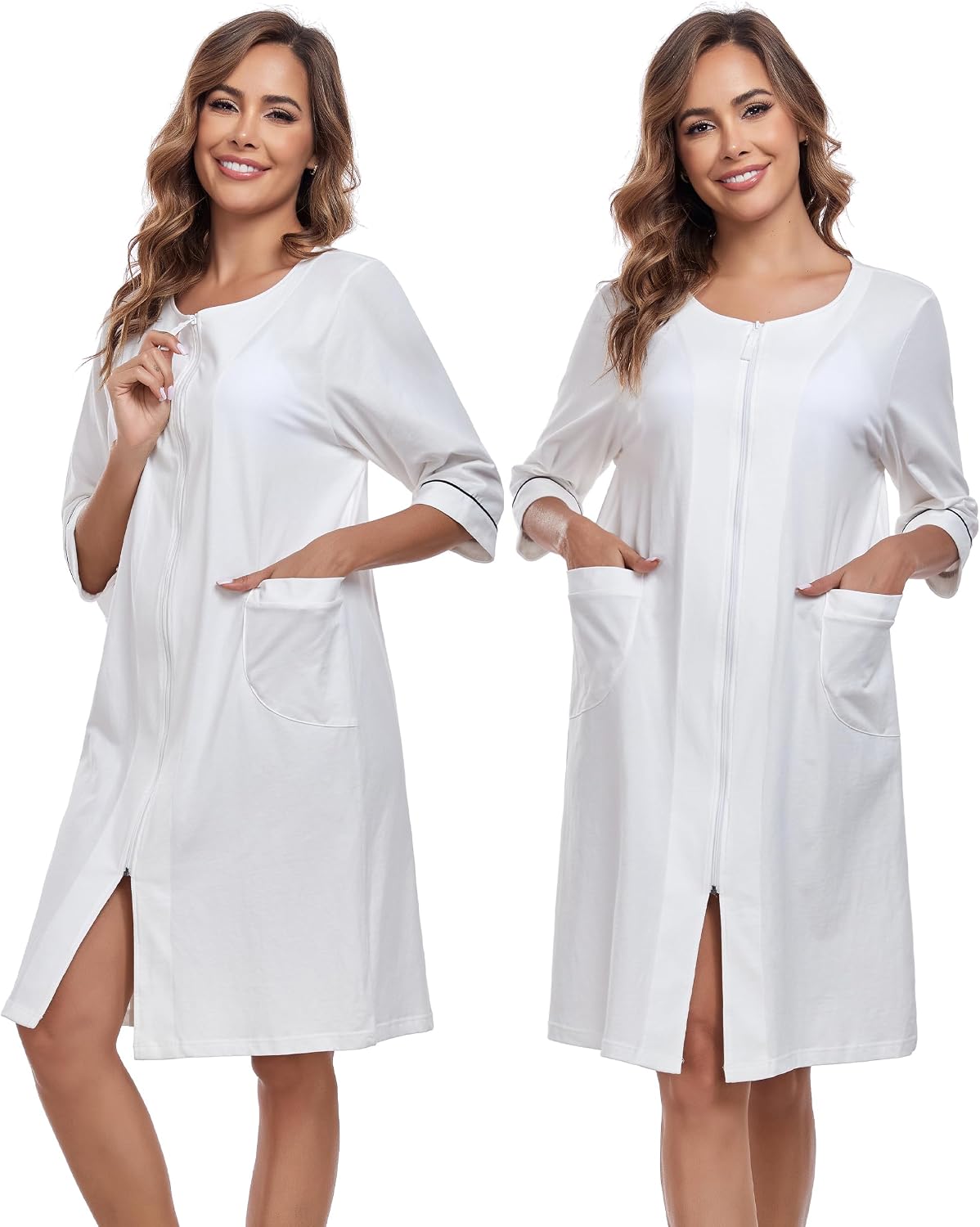 Women's Zipper Robe Cotton Housecoat Lightweight Knee Length Bathrobe 3 4 Sleeve Zip Front House Coat with Pocket Women's Zipper Robe Cotton Housecoat Lightweight Knee Length Bathrobe 3 4 Sleeve Zip Front House Coat with Pocket