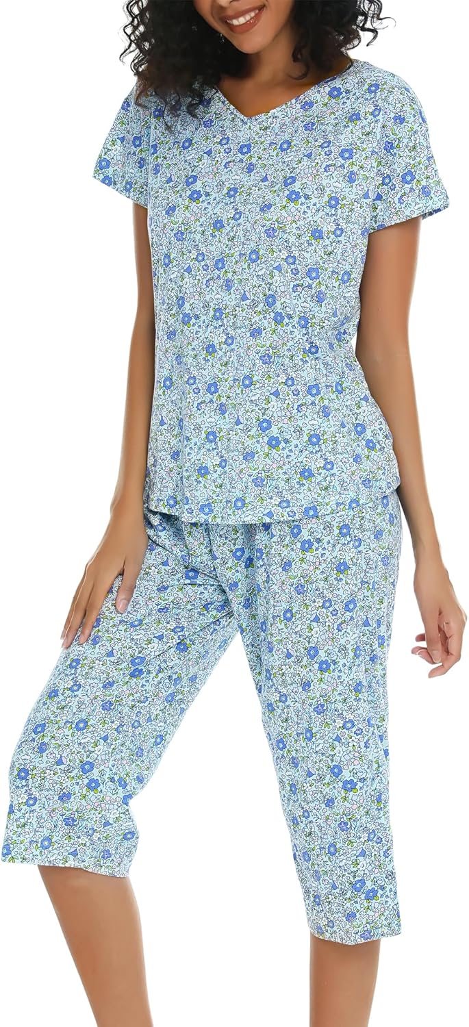 Women's Pajama Sets Cotton Pj Set Short Sleeve Top With Capri Pants Sleepwear 2 Piece Lounge
