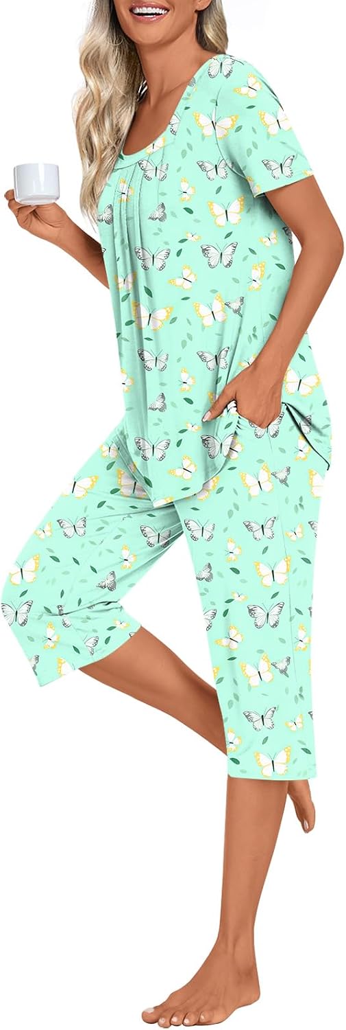 Women's Pajamas Sets Summer Short Sleeve Soft 2 Piece Lounge Sleepwear Pjs